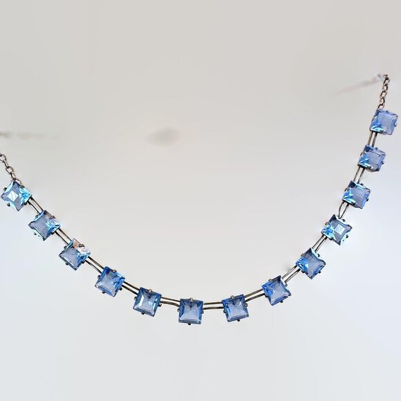 Vintage Art Deco Necklace Sterling Silver: Antique, Blue Glass Faceted - Picture 1 of 6